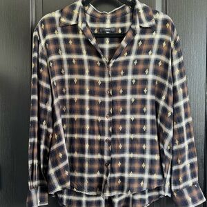 Drew Plaid Button-Down Shirt Women’s Medium - Metallic Accents✨ USA 🇺🇸 Made EUC
